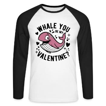 Baleine, tu es mon Valentin ? Saint-Valentin - T-shirt baseball manches longues Homme - blanc/noir - Devant - Nik (191cm)