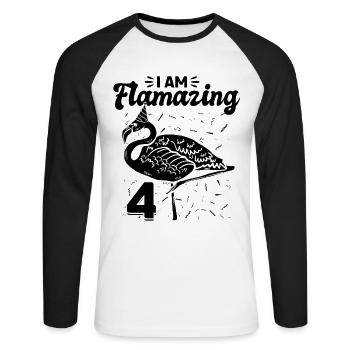 Je suis Flamazing 4 ans - Flamingo Birthday - T-shirt baseball manches longues Homme - blanc/noir - Devant - Nik (191cm)