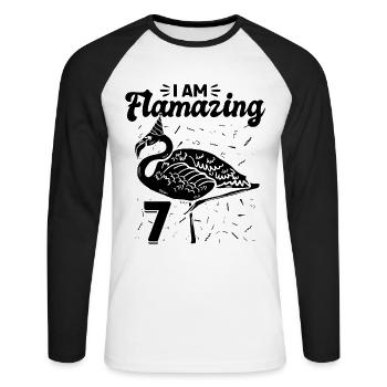 Je suis Flamazing 7 ans - Flamingo Birthday - T-shirt baseball manches longues Homme - blanc/noir - Devant - Nik (191cm)