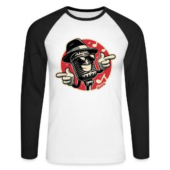 Coole Musik, Retro-Mikrofon Sonnenbrille und Hut - Unisex Baseballshirt langarm - Weiß/Schwarz - Vorne - Nik (191cm)