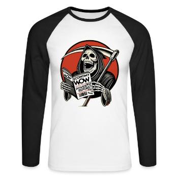 Grim Reaper lit un magazine d’affaires et rit - T-shirt baseball manches longues Homme - blanc/noir - Devant - Nik (191cm)