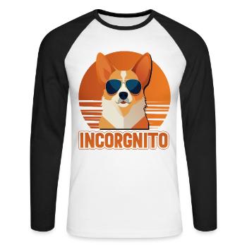 Incorgnito – Jeu de mots amusant sur le corgi - T-shirt baseball manches longues Homme - blanc/noir - Devant - Nik (191cm)