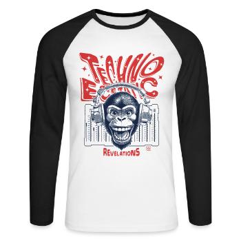 Urban Streetwear Shirt: Affe im Techno-Fieber - Unisex Baseballshirt langarm - Weiß/Schwarz - Vorne - Nik (191cm)