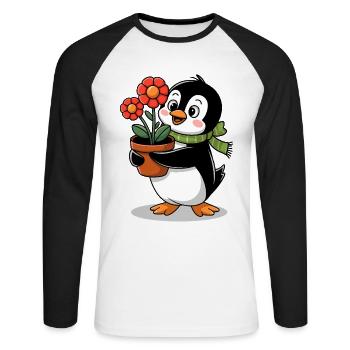 Pingouin avec pot de fleurs dans le jardin pour jardinier - T-shirt baseball manches longues Homme - blanc/noir - Devant - Nik (191cm)