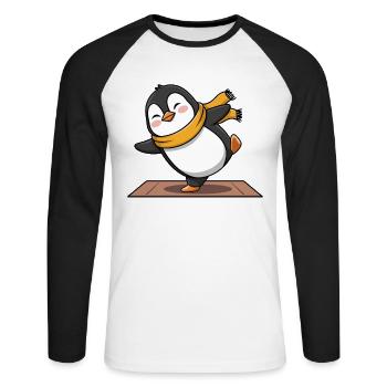 Cheerful penguin on yoga mat - Unisex Long Sleeve Baseball T-Shirt - white/black - Front - Nik (191cm)