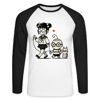japanisches Schulmädchen, kleiner Brudermit Hund - Unisex Baseballshirt langarm - Weiß/Schwarz - Vorne - Nik (191cm)