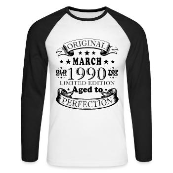 March 1990. March 1990 Birthday present. March. - Unisex Long Sleeve Baseball T-Shirt - white/black - Front - Nik (191cm)