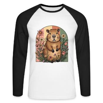 Capybara Cottagecore Blumen Romantisch Mädchen - Unisex Baseballshirt langarm - Weiß/Schwarz - Vorne - Nik (191cm)