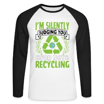 Je te juge en silence pour ne pas recycler - T-shirt baseball manches longues Homme - blanc/noir - Devant - Nik (191cm)