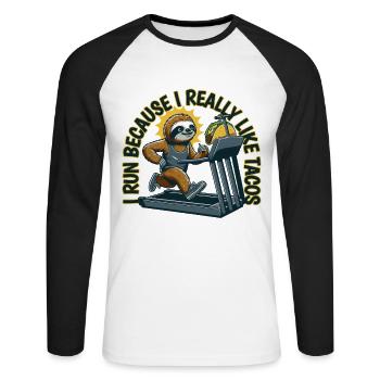 Je cours parce que j’aime vraiment les tacos paresseux - T-shirt baseball manches longues Homme - blanc/noir - Devant - Nik (191cm)
