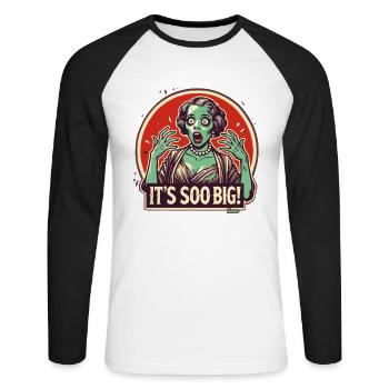 Retro-Zombie Frau im Schock: Es ist so riesig! - Unisex Baseballshirt langarm - Weiß/Schwarz - Vorne - Nik (191cm)