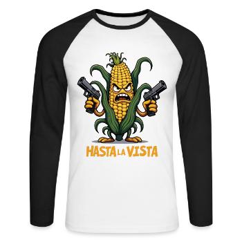 Gangster Corn Hasta La Vista – Corn on the Cob Gangster - Unisex Long Sleeve Baseball T-Shirt - white/black - Front - Nik (191cm)