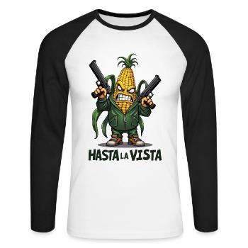 Gangster Corn Hasta La Vista – Corn on the Cob Gangster - Unisex Long Sleeve Baseball T-Shirt - white/black - Front - Nik (191cm)
