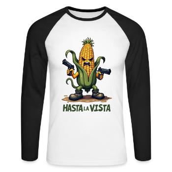 Gangster Corn Hasta La Vista – Corn on the Cob Gangster - Unisex Long Sleeve Baseball T-Shirt - white/black - Front - Nik (191cm)