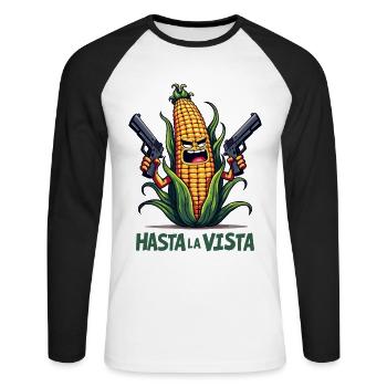 Gangster Corn Hasta La Vista – Corn on the Cob Gangster - Unisex Long Sleeve Baseball T-Shirt - white/black - Front - Nik (191cm)