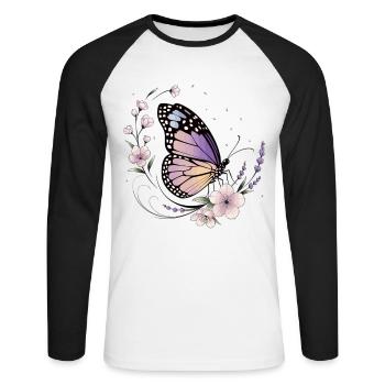 Papillon et fleurs au printemps - T-shirt baseball manches longues Homme - blanc/noir - Devant - Nik (191cm)