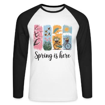 Réveil printanier – Fleurs, oiseaux et vélo - T-shirt baseball manches longues Homme - blanc/noir - Devant - Nik (191cm)