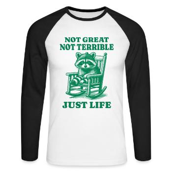Drôle de dicton de raton laveur – Just Life - T-shirt baseball manches longues Homme - blanc/noir - Devant - Nik (191cm)
