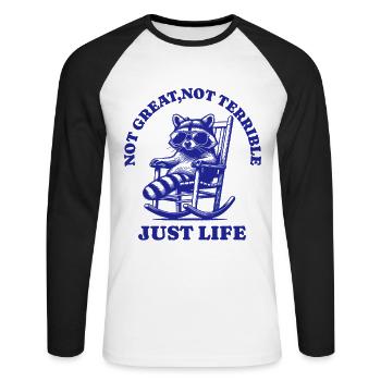 Drôle de dicton de raton laveur – Just Life - T-shirt baseball manches longues Homme - blanc/noir - Devant - Nik (191cm)