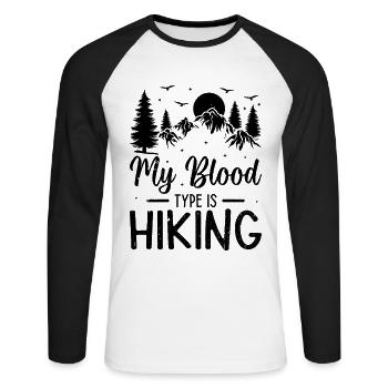 Mountain Hiking Lover - My blood type is Hiking - Unisex Baseballshirt langarm - Weiß/Schwarz - Vorne - Nik (191cm)