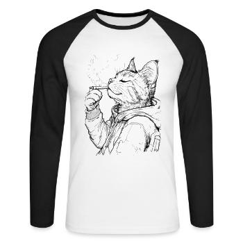 Katze mit Joint: Entspannter Stubentiger im Hoodie - Unisex Baseballshirt langarm - Weiß/Schwarz - Vorne - Nik (191cm)