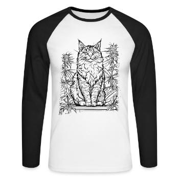 Majestätische Katze mit Hanf: Stolzer Stubentiger - Unisex Baseballshirt langarm - Weiß/Schwarz - Vorne - Nik (191cm)
