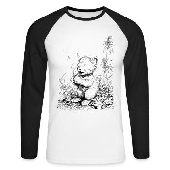 Kitten with joint Relaxed house tiger in the grass - Unisex Long Sleeve Baseball T-Shirt - white/black - Front - Nik (191cm)