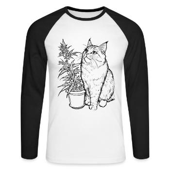 Chat avec plante de cannabis : Tigre domestique avec chanvre - T-shirt baseball manches longues Homme - blanc/noir - Devant - Nik (191cm)