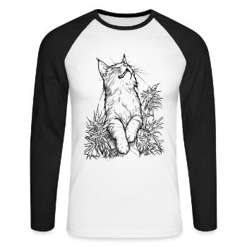 Cat in a frenzy: Happy house tiger in hemp - Unisex Long Sleeve Baseball T-Shirt - white/black - Front - Nik (191cm)