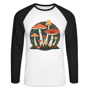 Champignons Motif Forêt Rétro Pour Les Amoureux de la Nature - T-shirt baseball manches longues Homme - blanc/noir - Devant - Nik (191cm)