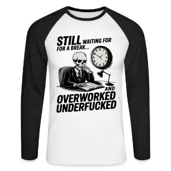Overworked Skeleton – Office Life Dark Humor - Unisex Long Sleeve Baseball T-Shirt - white/black - Front - Nik (191cm)