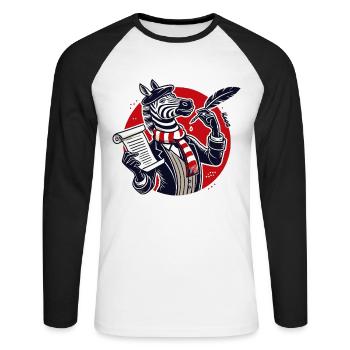 Zebra poet with paper and pen for poems - Unisex Long Sleeve Baseball T-Shirt - white/black - Front - Nik (191cm)