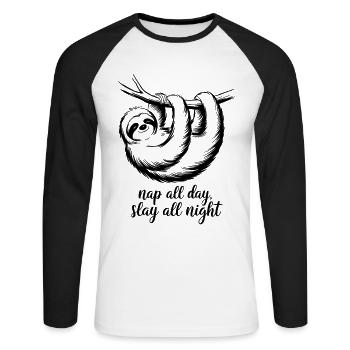 Schlafe Den Ganzen Tag, Feiere Die Ganze Nacht - Unisex Baseballshirt langarm - Weiß/Schwarz - Vorne - Nik (191cm)