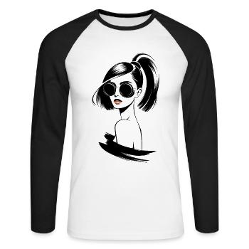 Stilvolle Frau Mit Sonnenbrille Und Pferdeschwanz - Unisex Baseballshirt langarm - Weiß/Schwarz - Vorne - Nik (191cm)
