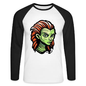 Green Alien Woman – Sci-Fi Tattoo Style - Unisex Long Sleeve Baseball T-Shirt - white/black - Front - Nik (191cm)