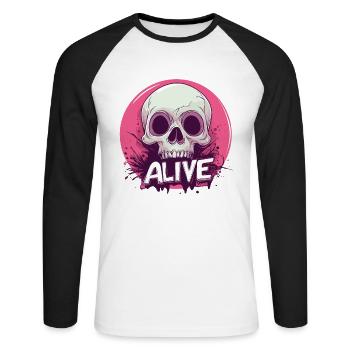 Skeleton "Alive" – Ironic Skull - Unisex Long Sleeve Baseball T-Shirt - white/black - Front - Nik (191cm)