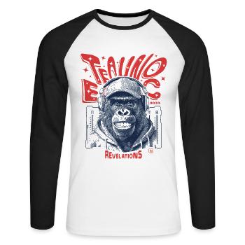 Ecstatic Affe Shirt – Techno, Rhythmus & Bass - Unisex Baseballshirt langarm - Weiß/Schwarz - Vorne - Nik (191cm)