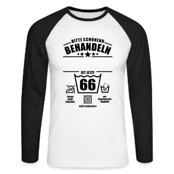 Schonend behandeln, 66. Geburtstag, Wunschname - Unisex Baseballshirt langarm - Weiß/Schwarz - Vorne - Nik (191cm)