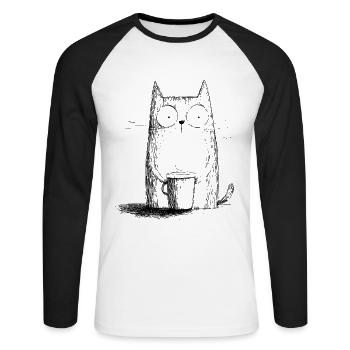 Erstaunte Katze mit Tasse Kaffee in Skizzenstil - Unisex Baseballshirt langarm - Weiß/Schwarz - Vorne - Nik (191cm)