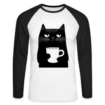 Minimaliste : Chat noir avec tasse à café - T-shirt baseball manches longues Homme - blanc/noir - Devant - Nik (191cm)