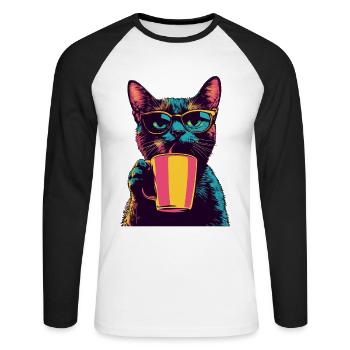 Chat rétro avec verres et café - T-shirt baseball manches longues Homme - blanc/noir - Devant - Nik (191cm)