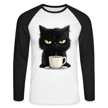 Mürrische böse Katze mit Morgenkaffee - Unisex Baseballshirt langarm - Weiß/Schwarz - Vorne - Nik (191cm)