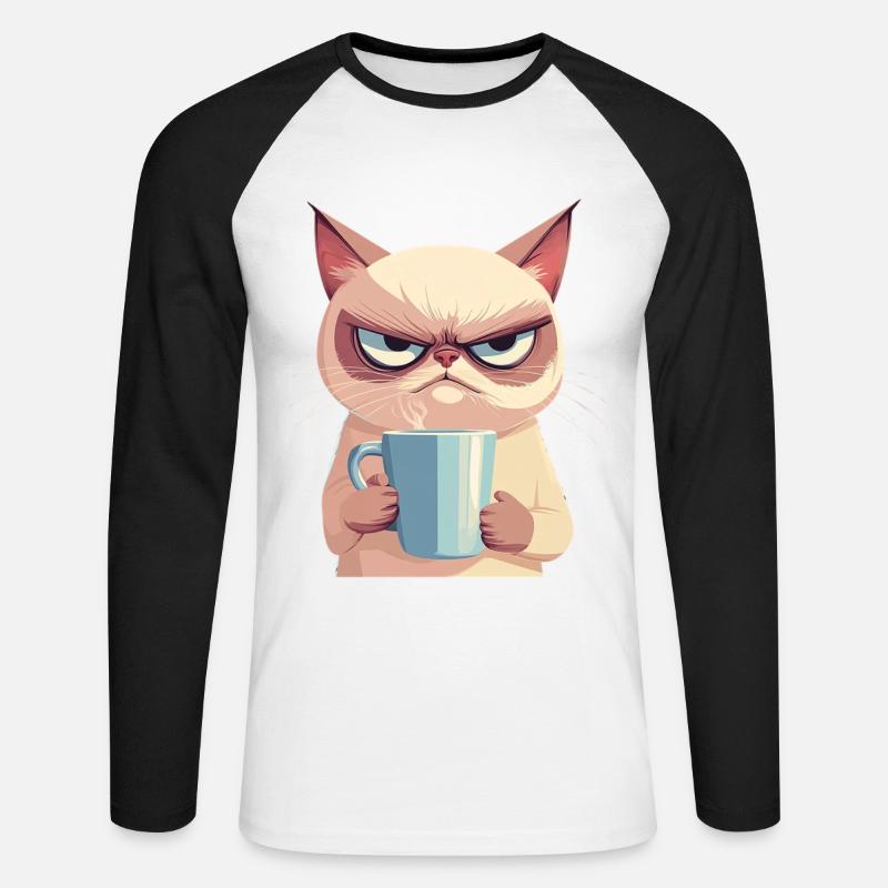 Grumpy-Stil: Grantige Katze mit Kaffee - Unisex Baseballshirt langarm - Weiß/Schwarz
