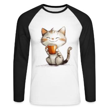 Happy cat with coffee - Unisex Long Sleeve Baseball T-Shirt - white/black - Front - Nik (191cm)