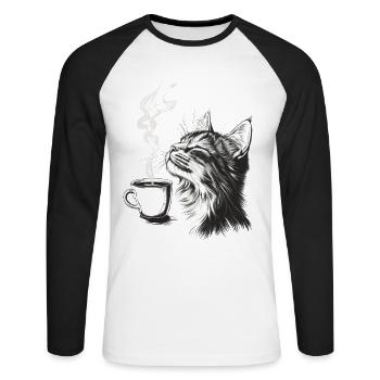 Relaxed Cat with Coffee - Sketch Style - Unisex Long Sleeve Baseball T-Shirt - white/black - Front - Nik (191cm)