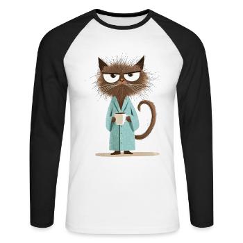 Morning grouch cat with coffee in bathrobe - Unisex Long Sleeve Baseball T-Shirt - white/black - Front - Nik (191cm)