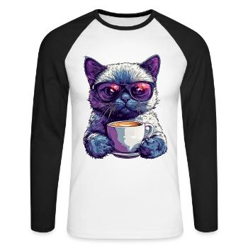 Chat cool avec des lunettes et une touche de café - T-shirt baseball manches longues Homme - blanc/noir - Devant - Nik (191cm)