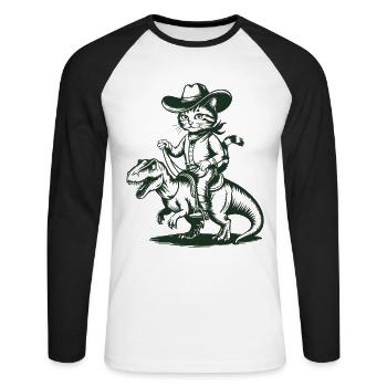 Cowboy Cat Rides Dinosaur Adventure - Unisex Long Sleeve Baseball T-Shirt - white/black - Front - Nik (191cm)