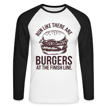 Courez comme un marathonien affamé de hamburgers - T-shirt baseball manches longues Homme - blanc/noir - Devant - Nik (191cm)