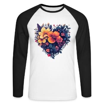 Herz aus stilisierten Blüten - Moderne Blumenkunst - Unisex Baseballshirt langarm - Weiß/Schwarz - Vorne - Nik (191cm)